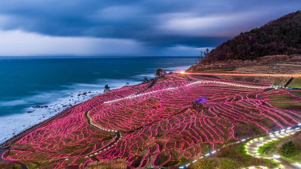 Rice terraces strung with lights, Wajima, Japan