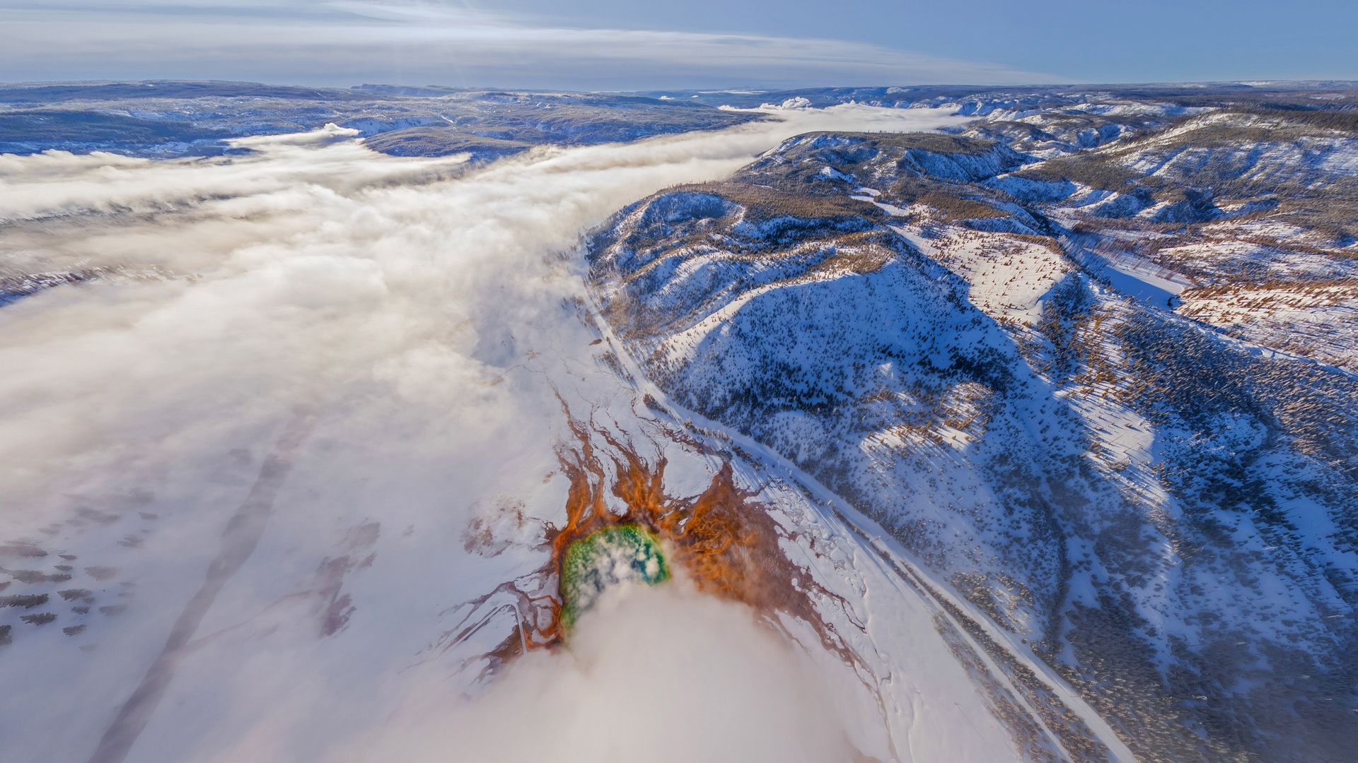 Aerial view of Grand Prismatic Spring, Yellowstone National Park, Wyoming