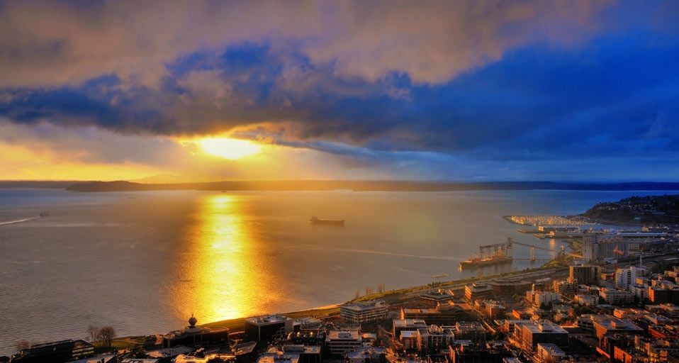 Sunset of Elliott Bay taken from the Space Needle, Seattle, Washington