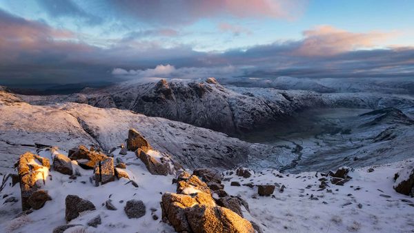 The Langdale Pikes in winter under fresh snow, Lake District, Cumbria