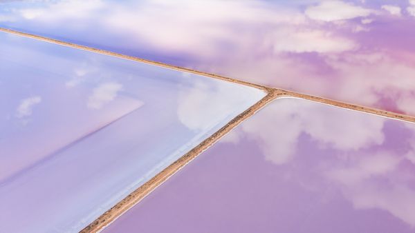 Aerial of pink salt lake in Lochiel, South Australia