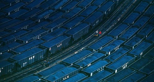 Railroad yard full of coal cars near Hampton Roads, Virginia, USA