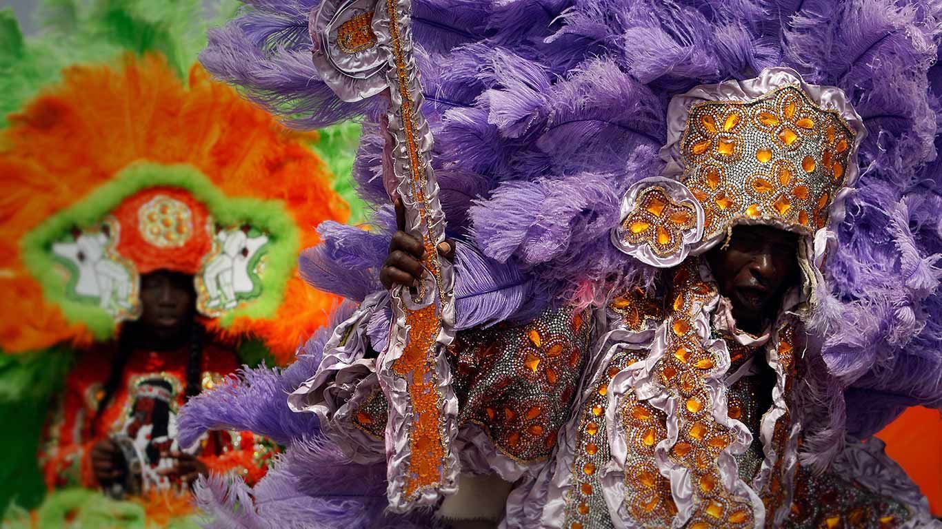 Members of the Wild Red Flame Mardi Gras Indians in New Orleans, Louisiana