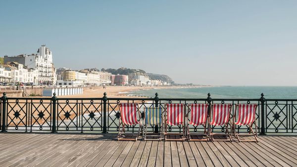 Deckchairs on Hastings Pier, East Sussex, England