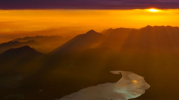 Sunrise at Lake Kawaguchi seen from Mount Fuji, Japan