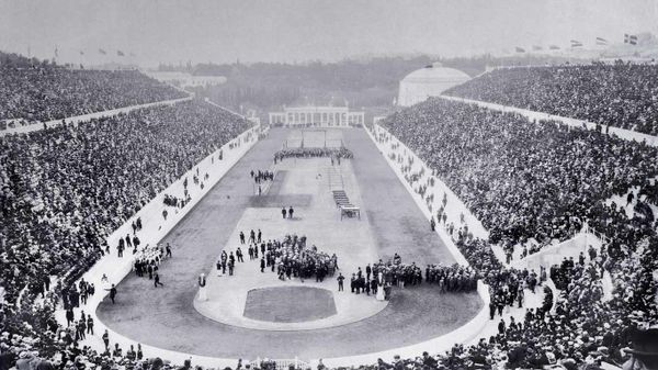 Opening ceremony of the 1896 Olympic Games in Panathinaiko Stadium, Athens, Greece