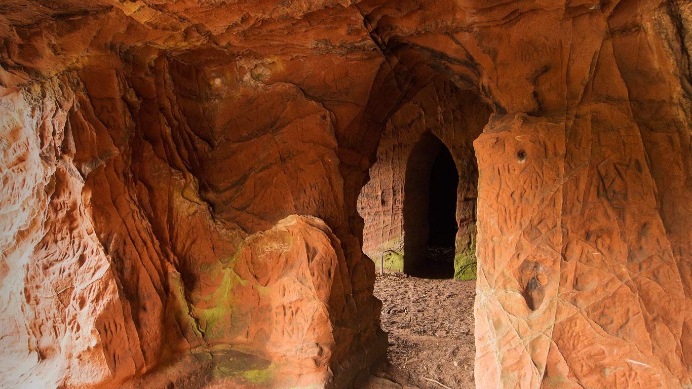 Lacy's Caves on the banks of River Eden near Little Salkeld, Cumbria