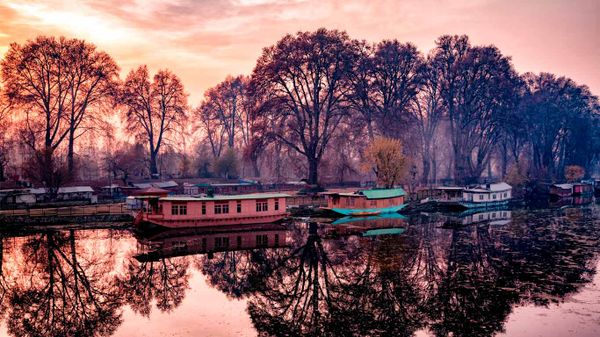 Houseboats on bank of the Jhelum River, India