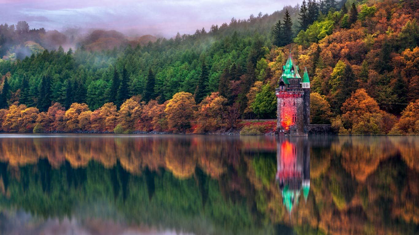 The straining tower at Lake Vyrnwy in Powys, Wales