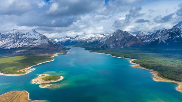 Aerial view of Spray Lakes Reservoir, Mount Assiniboine Provincial Park, Alta.