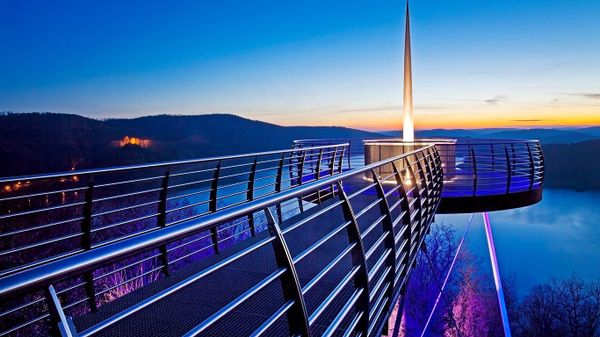 Skywalk Biggeblick at sunset, Attendorn, Sauerland, North-Rhine-Westphalia, Germany