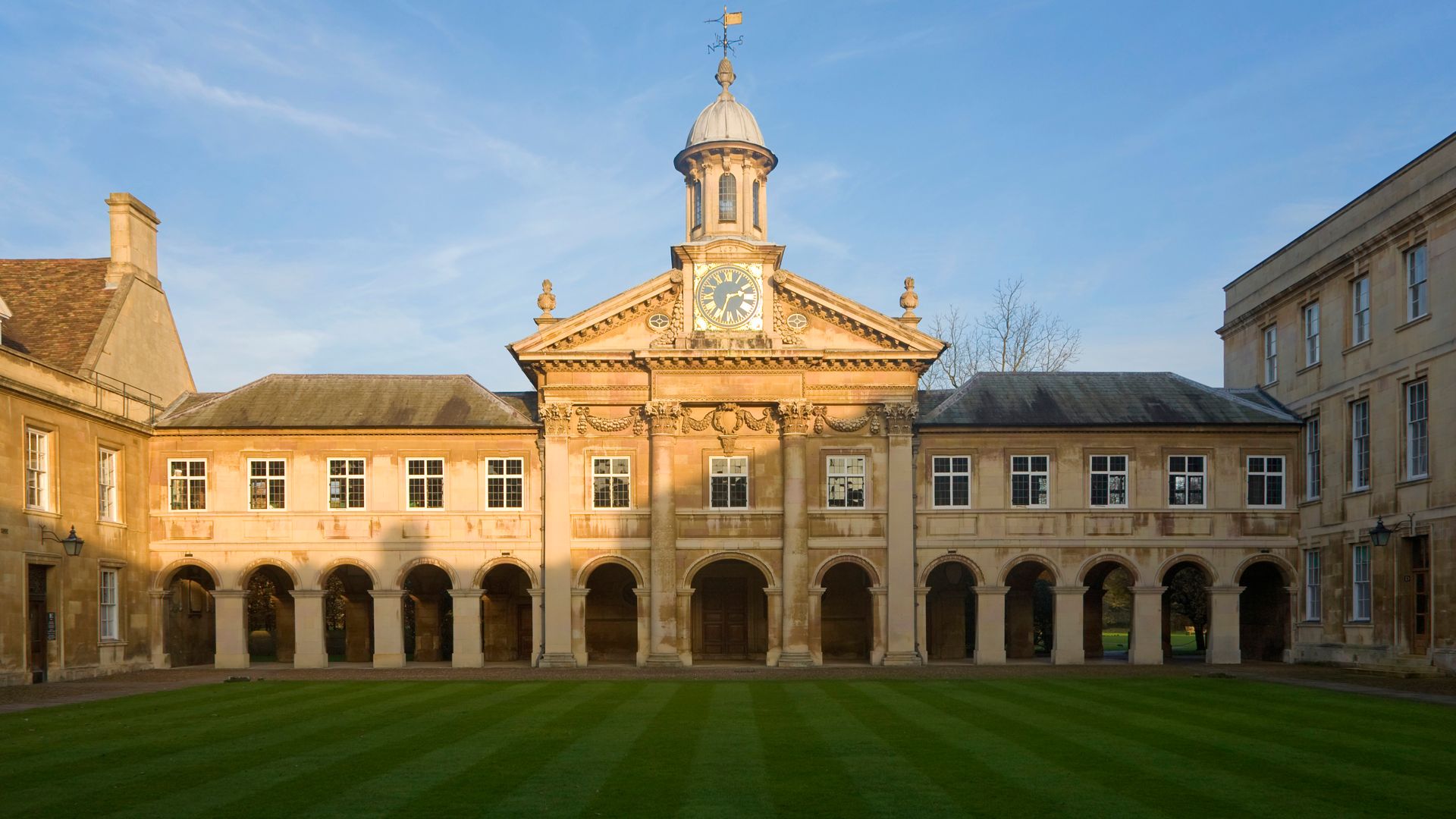 Clock tower of Emmanuel College, University of Cambridge, England