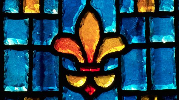 Stained glass fleur-des-lis, Gravelbourg, Saskatewchan, Canada
