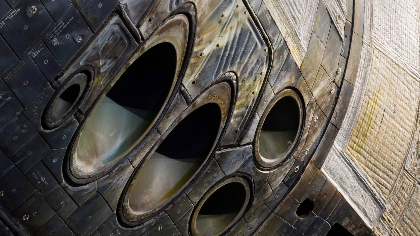 Close-up of the nose of Space Shuttle Atlantis on exhibit at Kennedy Space Centre, Florida