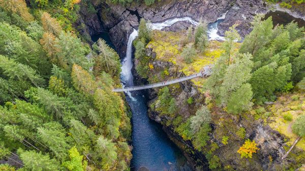 Aerial view of Elk Falls suspension bridge on Vancouver Island