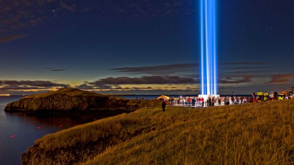 The Imagine Peace Tower near Reykjavik, Iceland, for the International Day of Peace