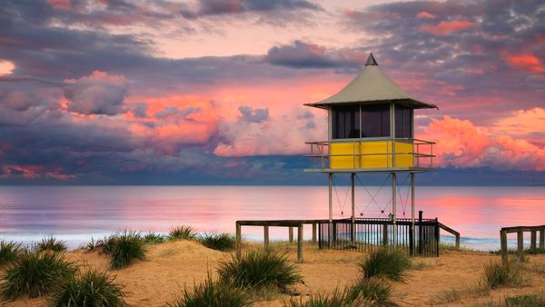 Lifeguard shack at sunset on The Entrance beach, Central Coast, New South Wales, Australia