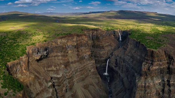 Waterfalls in a canyon of Siberia’s Putorana Plateau, Russia