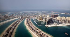 Aerial view of the man-made Palm island, Dubai, United Arabian Emirates -- OSOMEDIA/agefotostock &copy; (Bing United States)