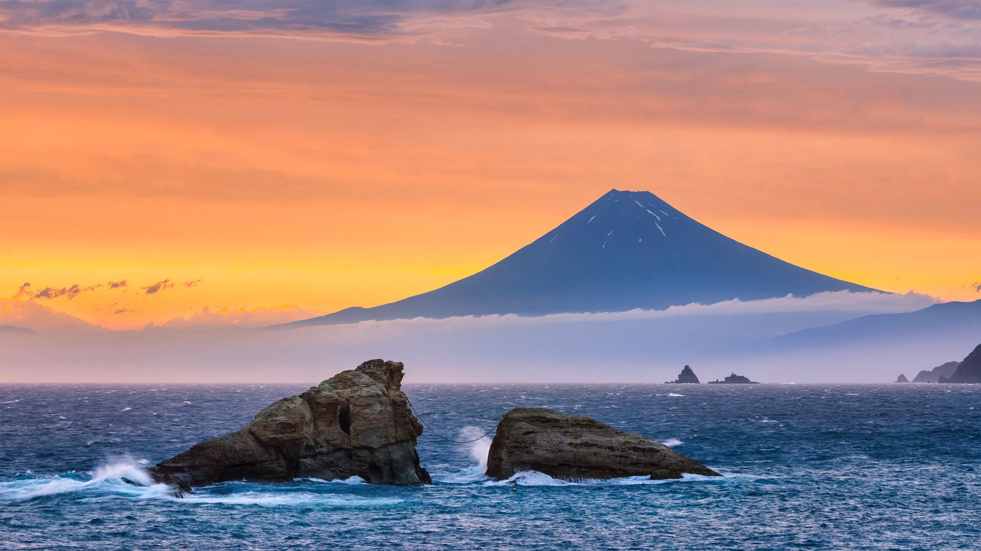 Mount Fuji and twin rocks (Ushitukiiwa) in Matsuzaki, Japan