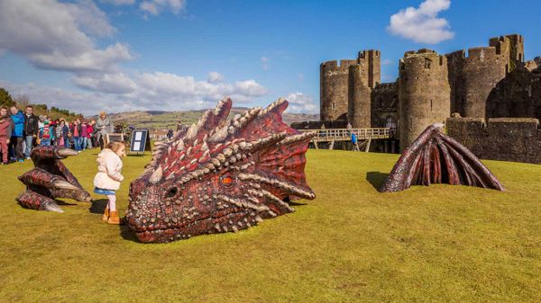 A red dragon sculpture at Caerphilly Castle for St David's Day