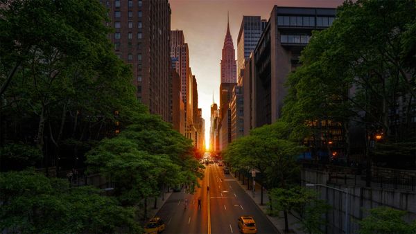 42nd Street with the Chrysler Building during Manhattanhenge in 2018, New York City