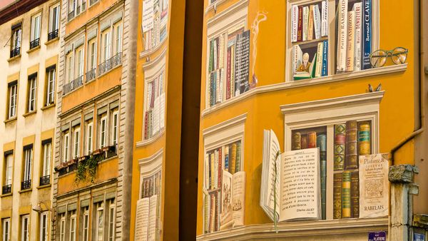 Fresque \"La bibliothèque de la cité\" située dans le centre-ville de Lyon
