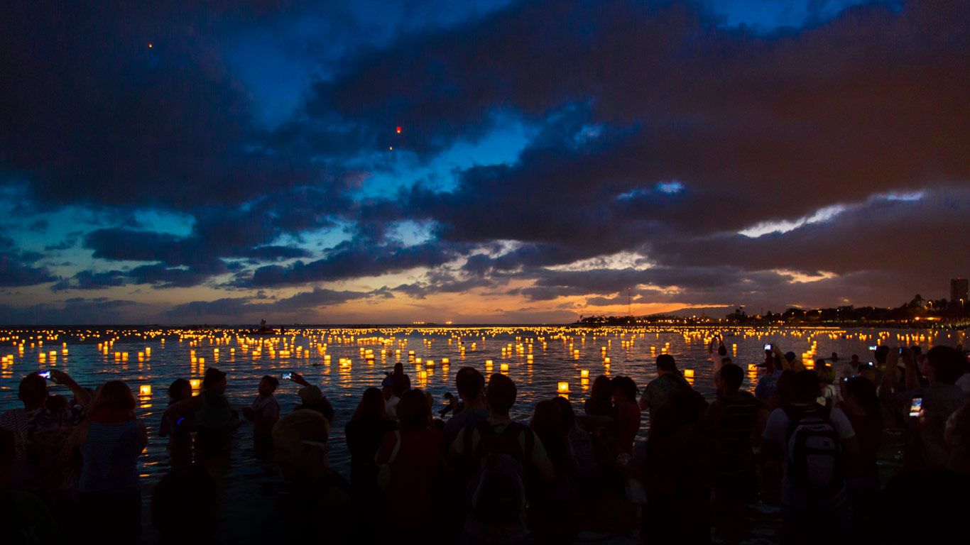Lantern floating ceremony at Ala Moana Beach Park, Oahu, Hawaii