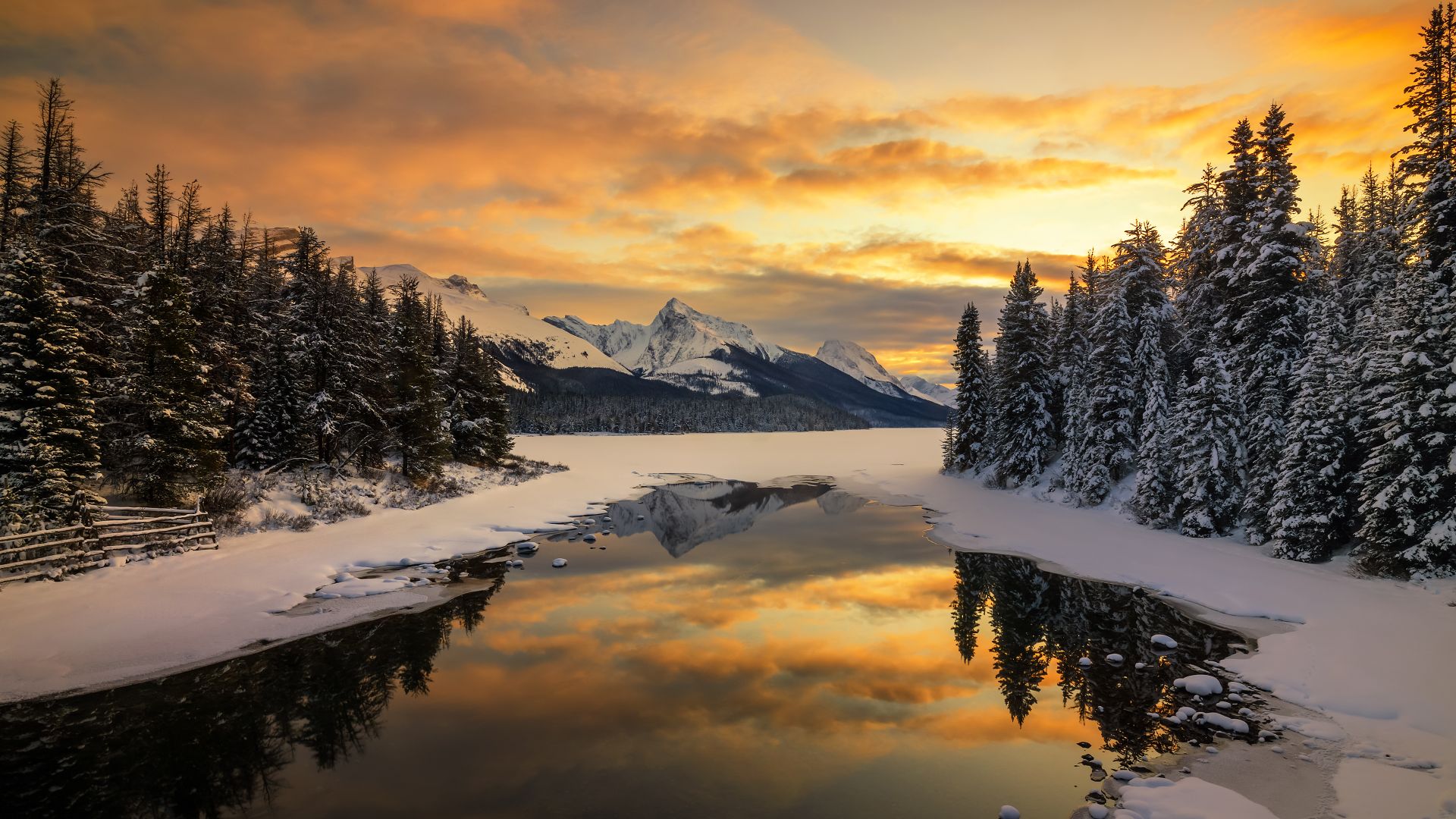 Scenic view of lake by snowcapped mountains in Banff, Alberta