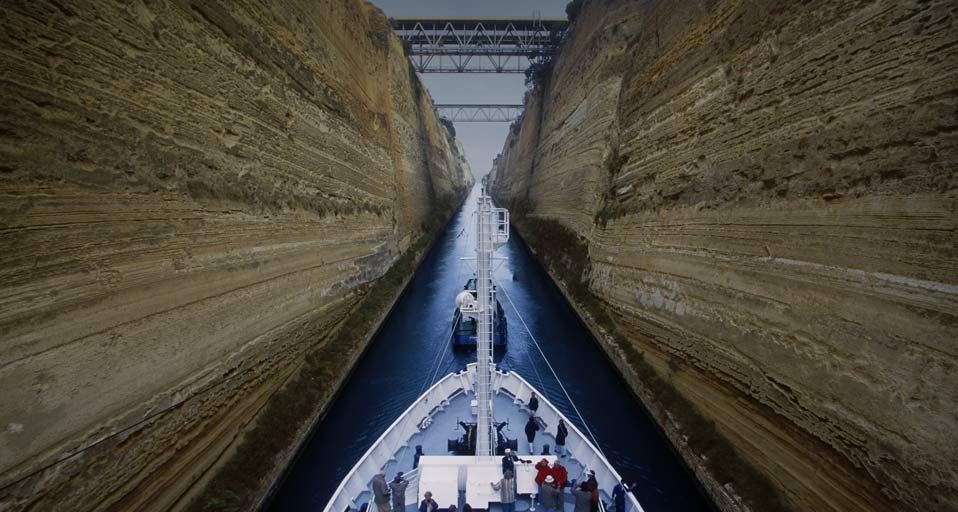 Ship passing through the Corinth Canal, Greece