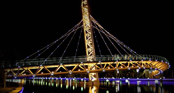Illuminated bridge in the Karamay River Scenic Area in Karamay, Xinjiang Uygur Autonomous Region , China