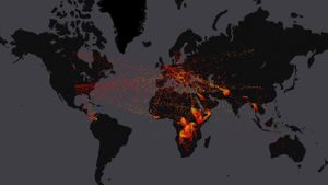 2000年到2016年间全球难民的流动情况 (© Map visualization: Records from UNHCR/EarthTime visualization by Carnegie Mellon CREATE Lab)(Bing China)