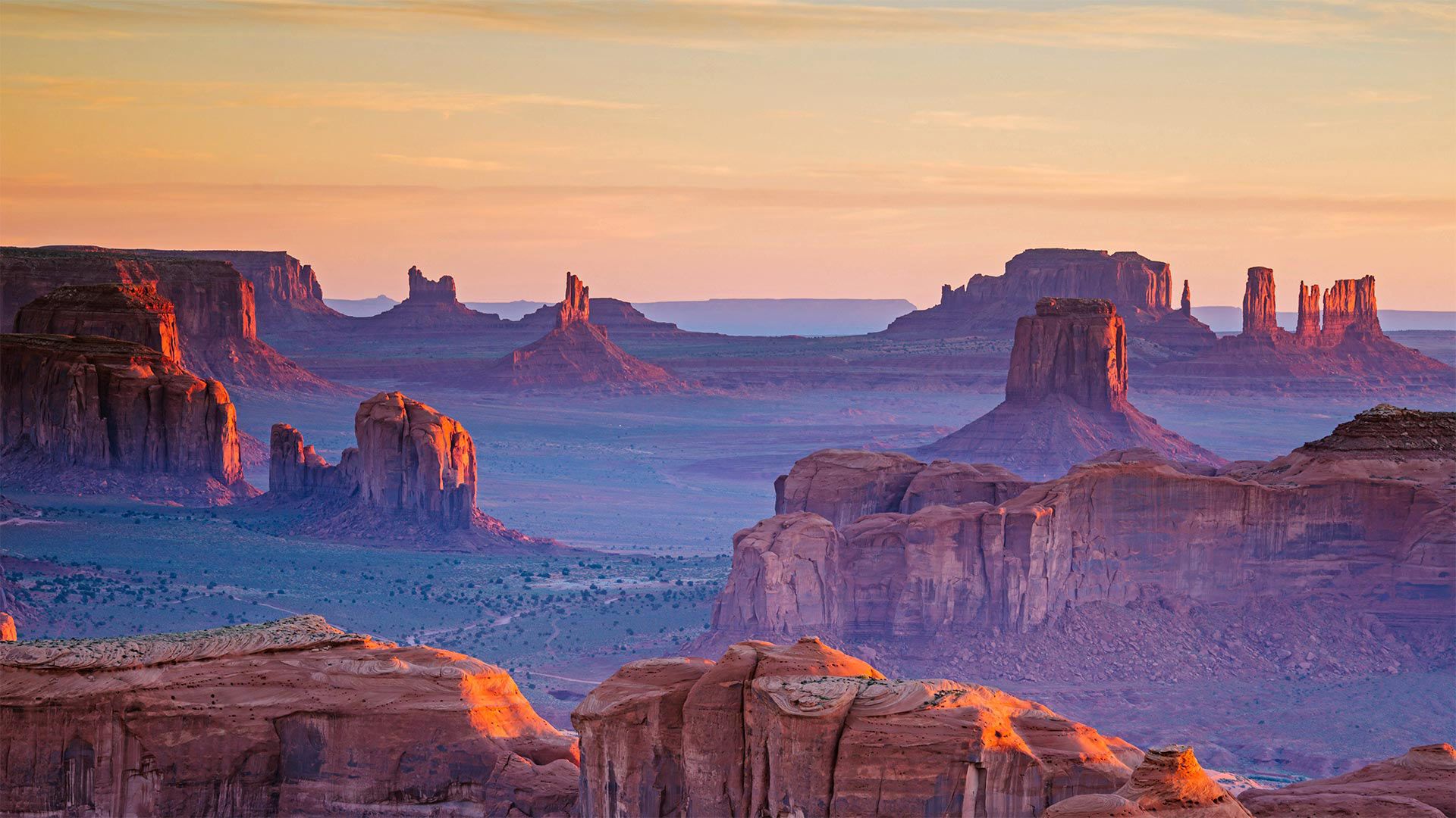 A view of Monument Valley Navajo Tribal Park from Hunts Mesa, Navajo Nation, between Arizona and Utah