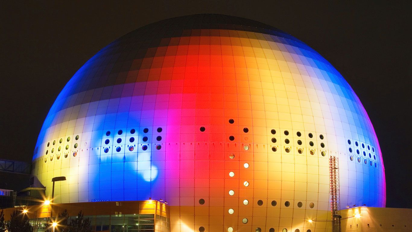 The Globe Arena at night in Stockholm, Sweden