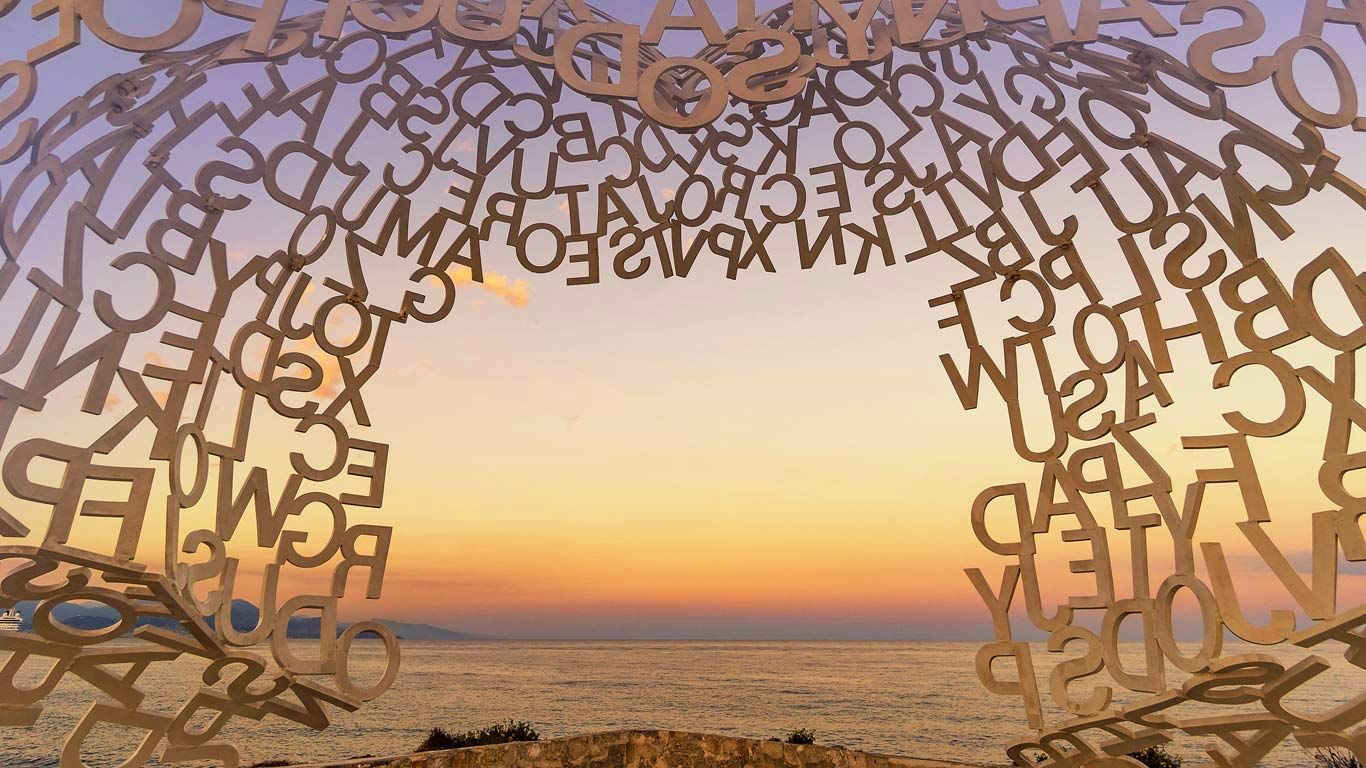 Detail of ‘Le Nomade’ by artist Jaume Plensa in Antibes, France