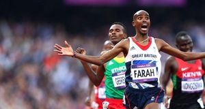 Mo Farah crosses the finish line to win gold in the Men's 5000m Final, London, England (© Michael Steele/Getty Images) &copy; (Bing United Kingdom)