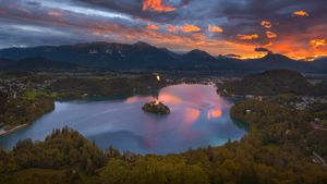 从奥索伊尼察观景点看日出时的布莱德湖，斯洛文尼亚 (© Rasica/Getty Images)(Bing China)