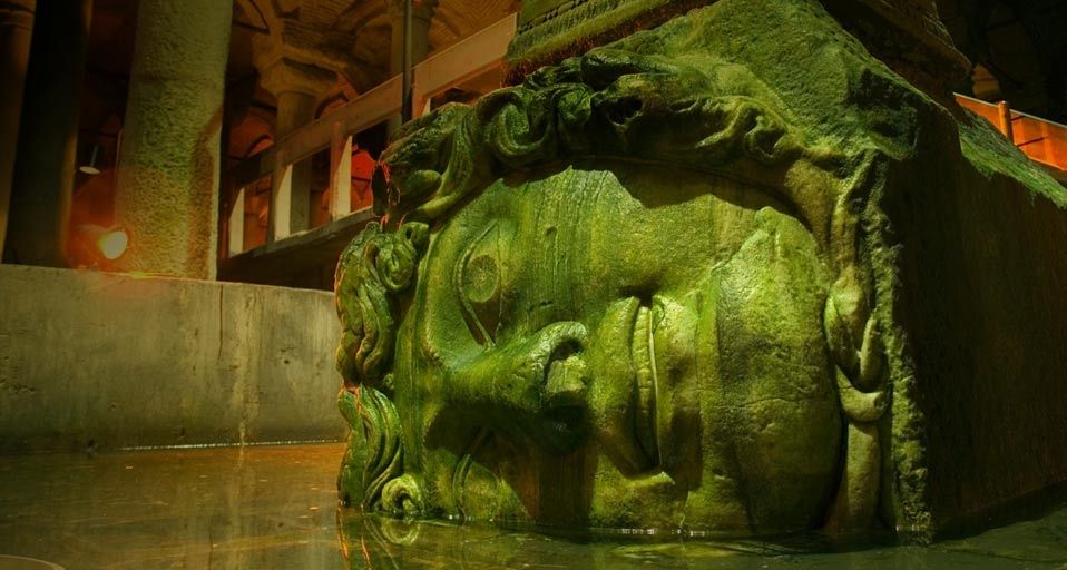 A head of Medusa used as the base of a column in the Yerebatan Cistern (Basilica Cistern), Istanbul, Turkey
