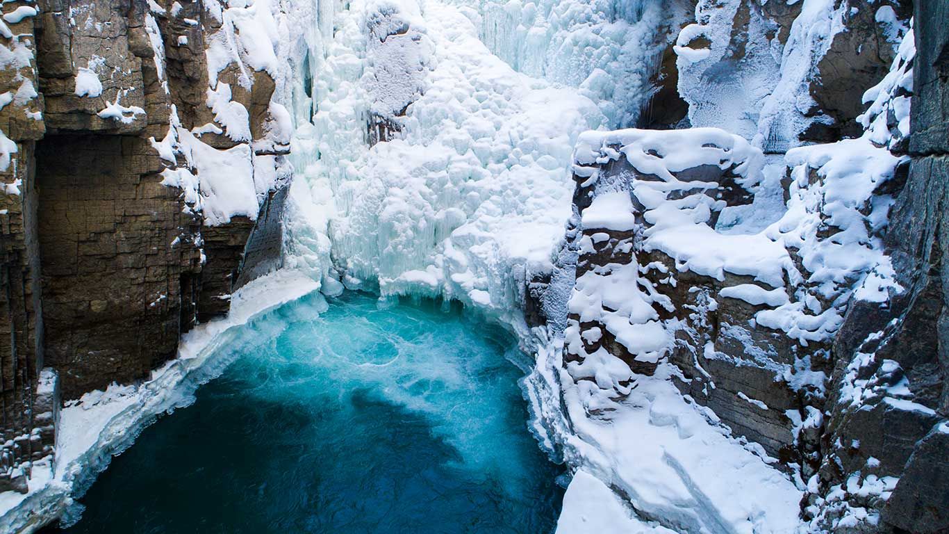 High angle view of a frozen waterfall, Jasper, Alberta
