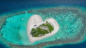 Heart-shaped island with sandy beach, offshore coral reef, Indian Ocean, Maldives (© Willyam Bradberry/Shutterstock)(Bing United States)