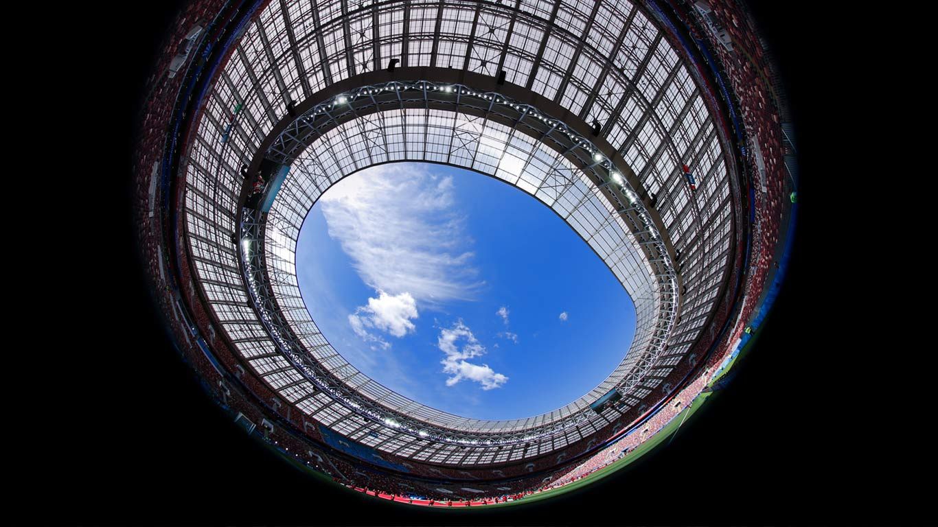 Fish-eye view of Luzhniki Stadium in Moscow, Russia, during a 2018 World Cup match