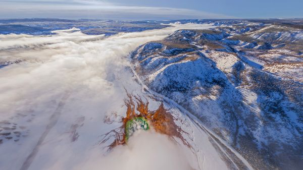 Aerial view of Grand Prismatic Spring, Yellowstone National Park, Wyoming, USA