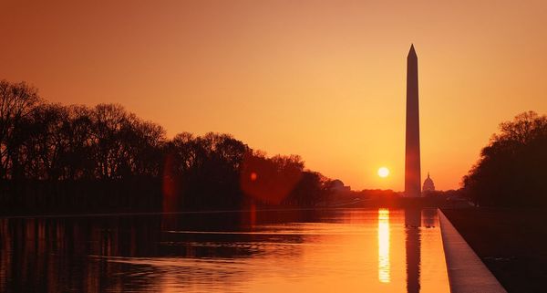 Sunset on the Washington Monument & Reflecting Pool in Washington, D.C.