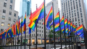Rainbow flags at Rockefeller Center on June 28, 2020, New York City (© Noam Galai/Getty Images)(Bing United States)
