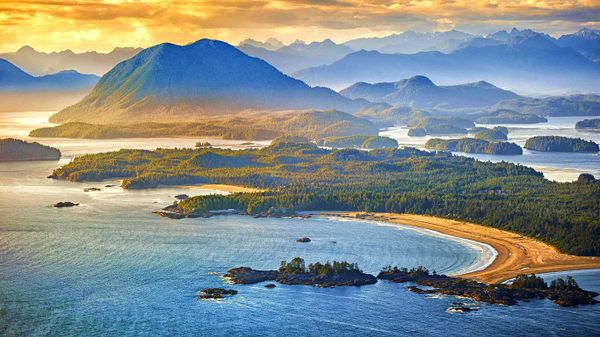 Aerial shot of Tofino with Clayoquot Sound, British Columbia, Canada