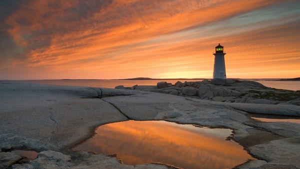 Peggys Point Lighthouse at dusk, Peggy\'s Cove, Nova Scotia, Canada