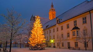 Weihnachtsbaum vor dem Landratsamt in Freising, Stadtteil Neustift, Bayern, Deutschland (© Rolf Hicker/All Canada Photos/Corbis)(Bing Deutschland)