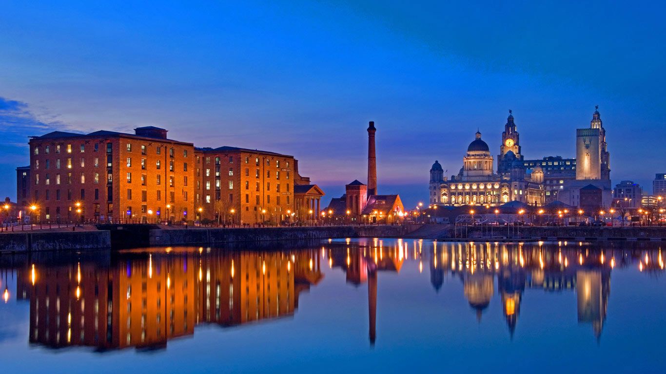 Liverpool, England, seen from the waters of the River Mersey