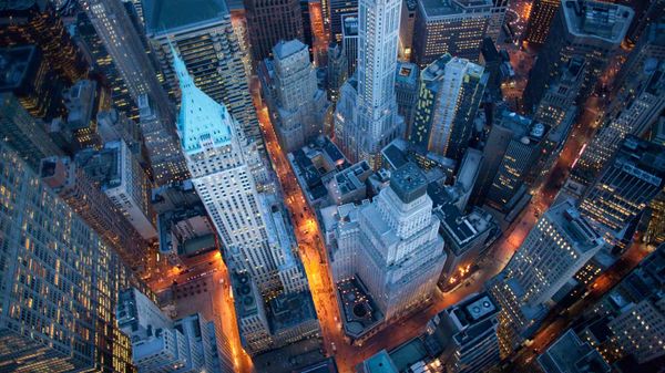 Aerial view of Wall Street, Manhattan, New York City, USA