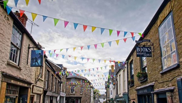 Bunting across the street in Hay-on-Wye, Powys